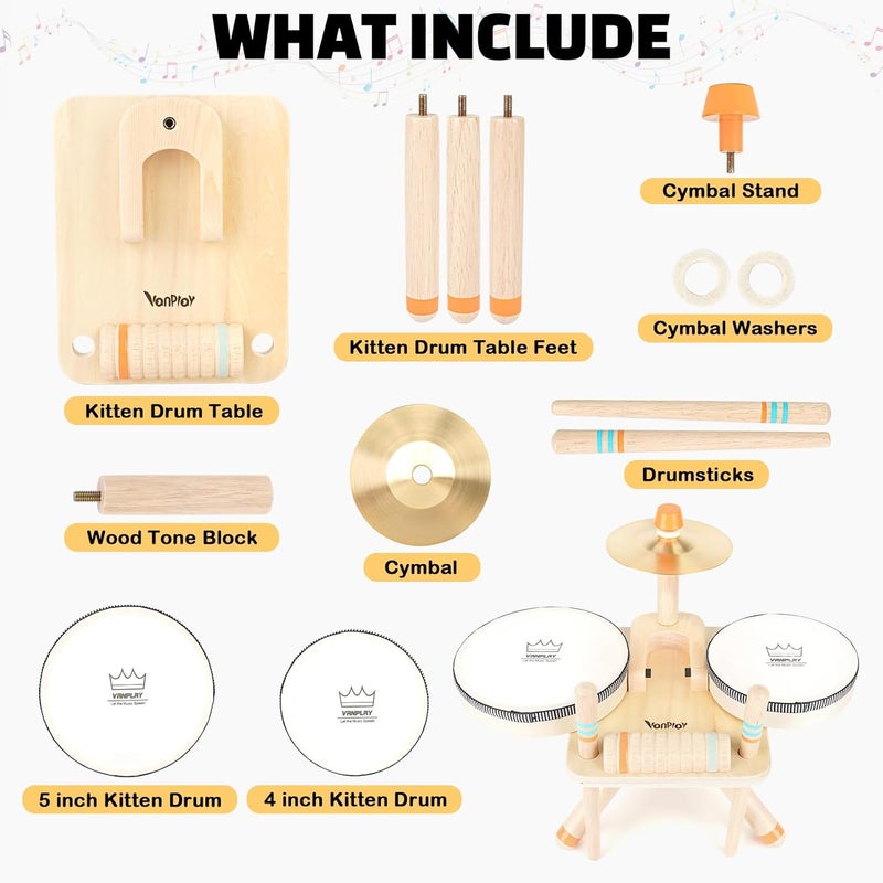 Vanplay Toddler Drum Set - 5 in 1 Wooden Musical Toys for Toddlers 3+, Montessori Toys for Baby Boy Girls Easter Birthday Gifts for Kids Age 3 4 5 6 - Image 3